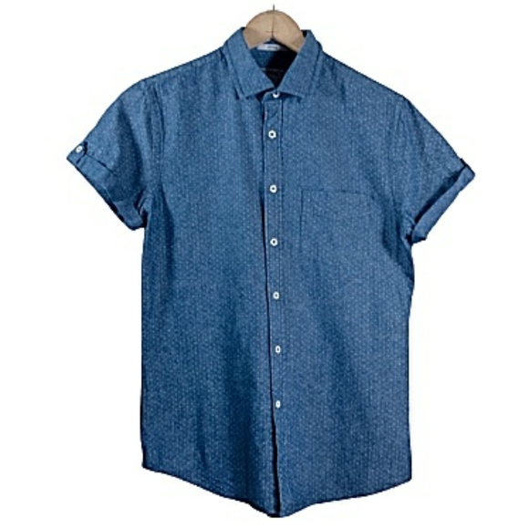 EXPRESS | denim polka dot sleeve button shirt - Picture 2 of 6